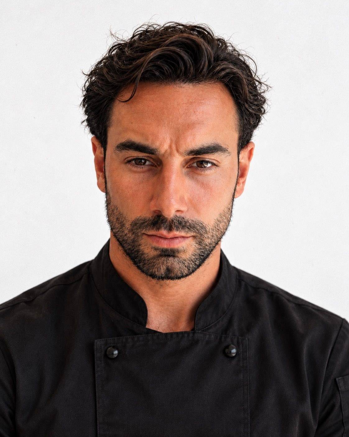 Portrait de Gianni Papagno en veste de cuisine noire.